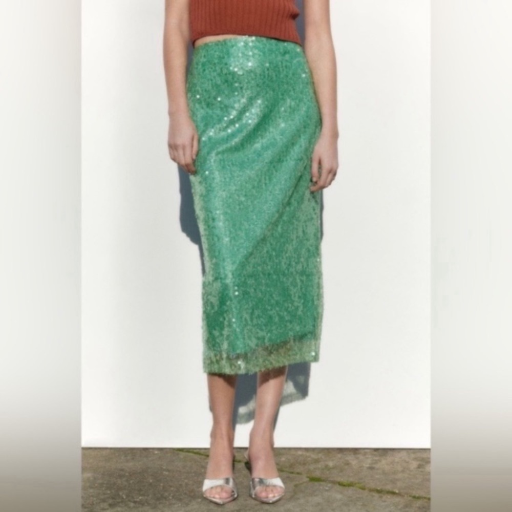 ZARA Sea Green Sequin Lace Pencil Skirt - Picture 14 of 16